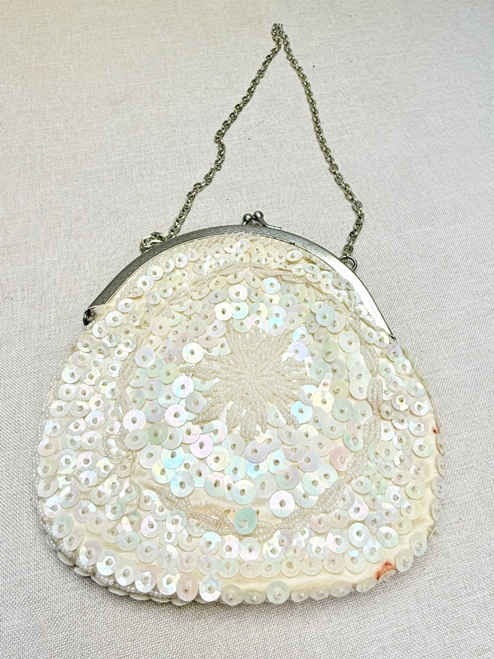 Vintage Ivory Iridescent Beaded Evening Bag Purse Prom Formal Wedding